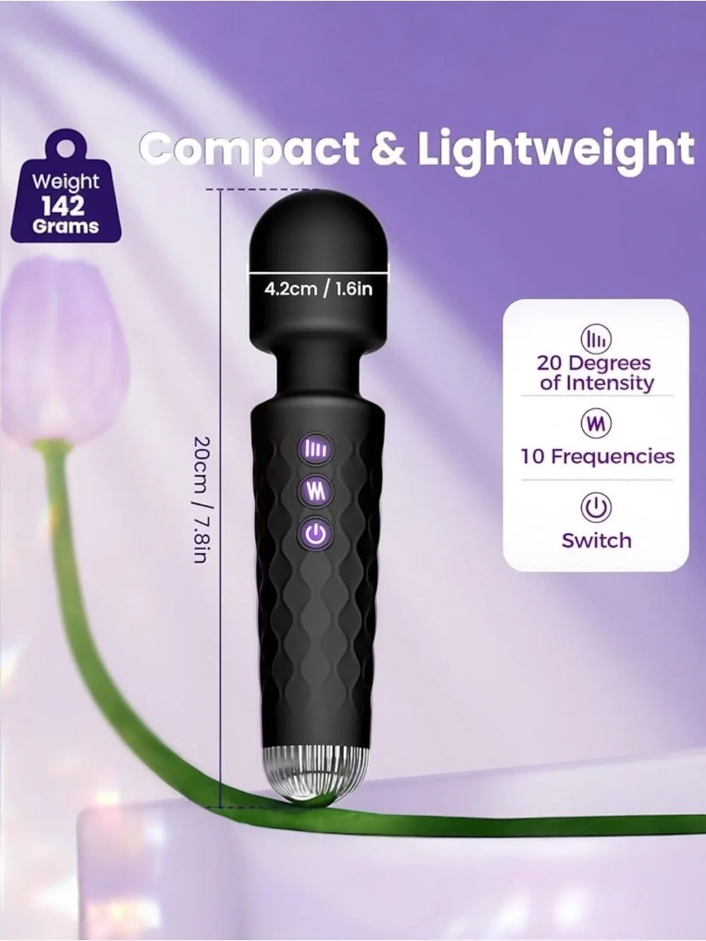 Black Massage Wand: Multi Vibration Modes, App & Waterproof. SEALED/NEW